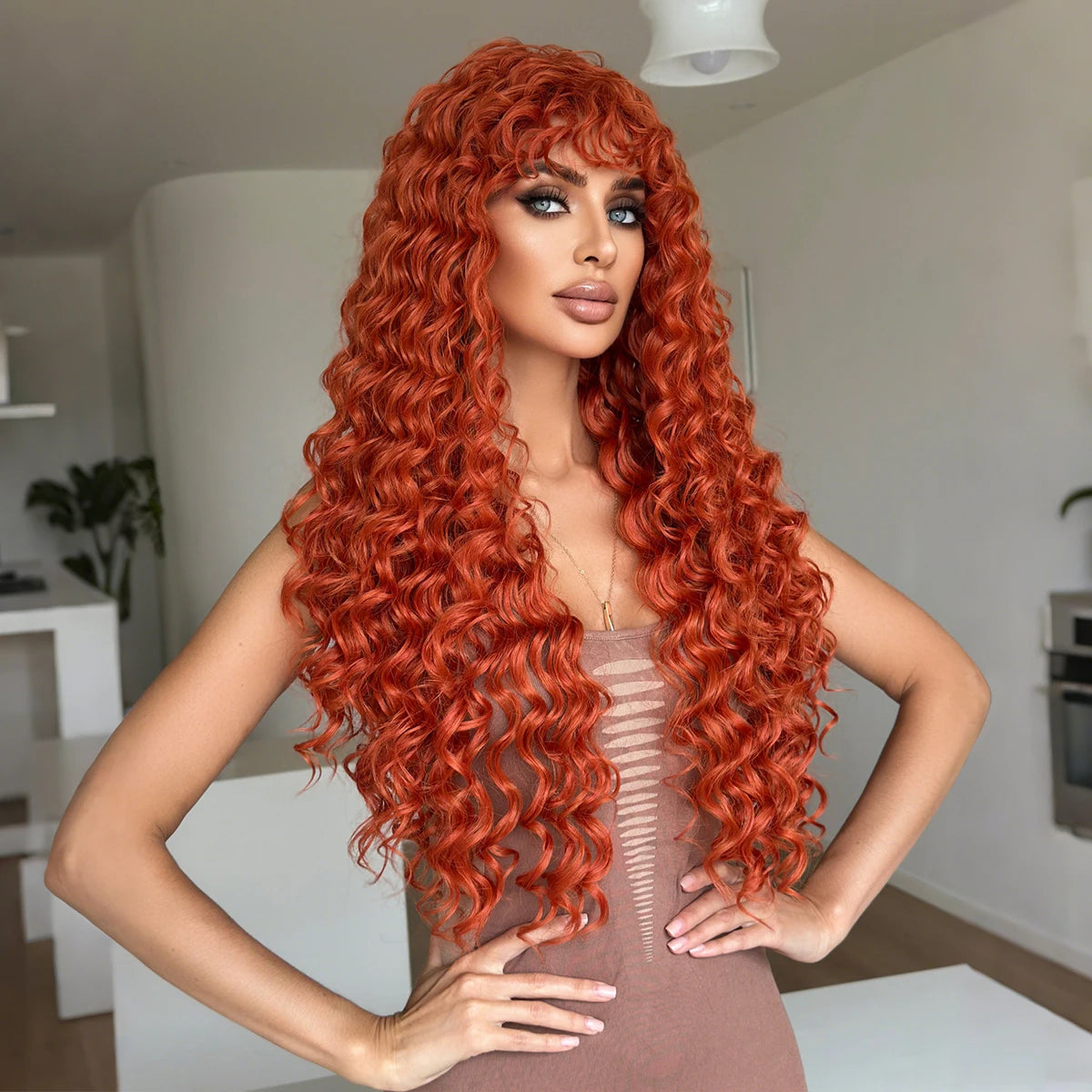 7JHH WIGS Long Loose Curly Wave Orange Wig for Women High Density Synthetic Modest Fashion Ginger Wigs with Air Bangs