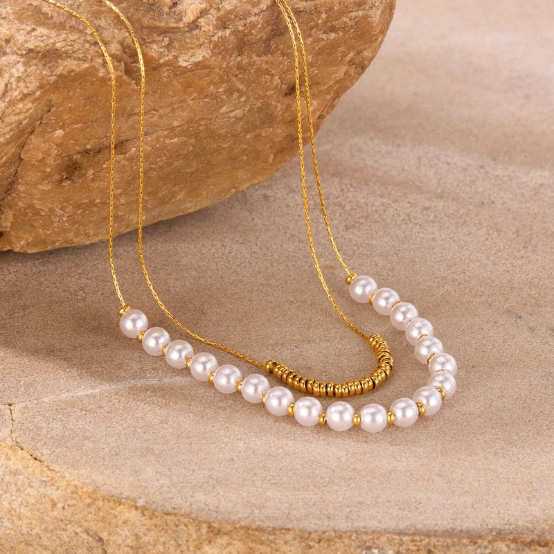 Pearl Necklace Stainless Steel Double-layer Layered Collarbone Chain Women Necklaces Party Fashion Jewelry