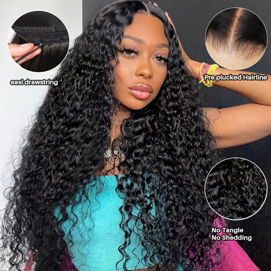 100% Human Hair Wet And Wavy HD Lace Frontal Wigs 250 Density Pull And Go Deep Curly Wave 13x4 HD Lace Frontal Drawstring Wigs