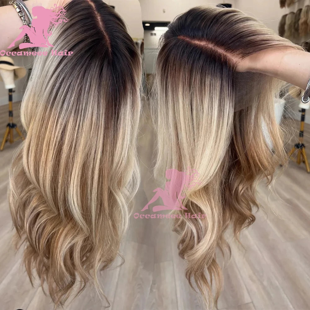Lace Front Human Hair Wig Body Wave Ombre Ash Brown Blonde Highlight Lace Frontal Wig Women's Wig Dark Roots Colored Human Hair