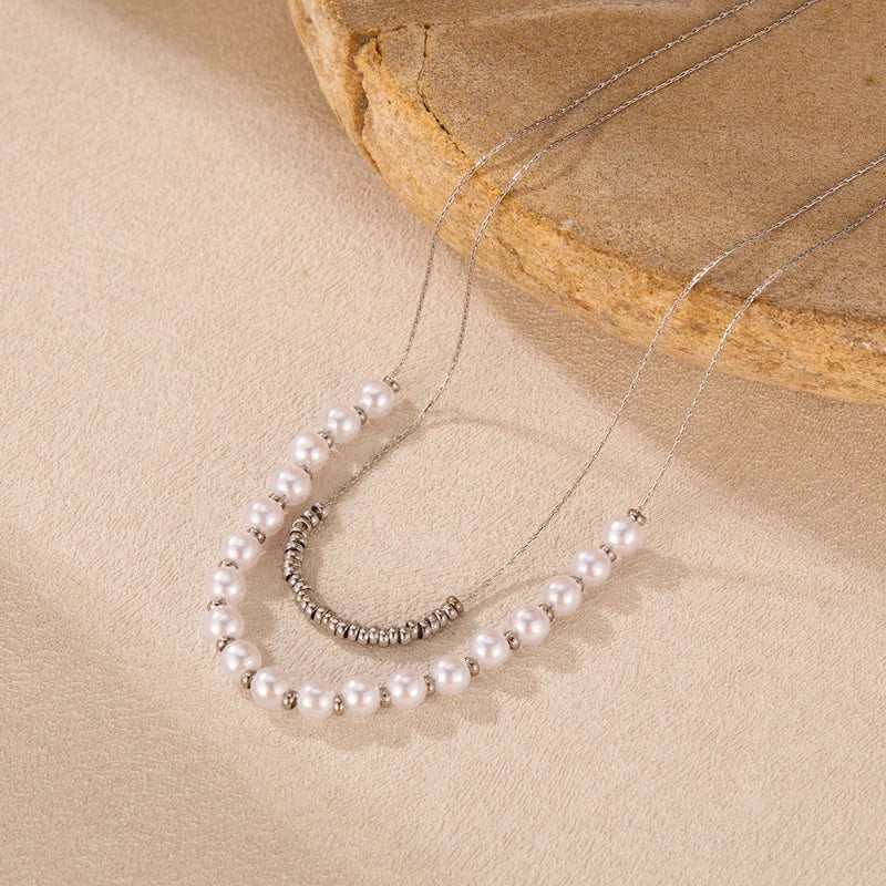 Pearl Necklace Stainless Steel Double-layer Layered Collarbone Chain Women Necklaces Party Fashion Jewelry