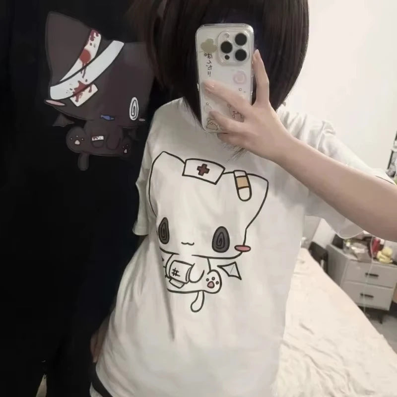 2026 New Women T Shirts Cartoon Printed Funny Couple Sweet Short Sleeve O Neck Loose Y2k Harajuku Tops Female Casual Tshirt