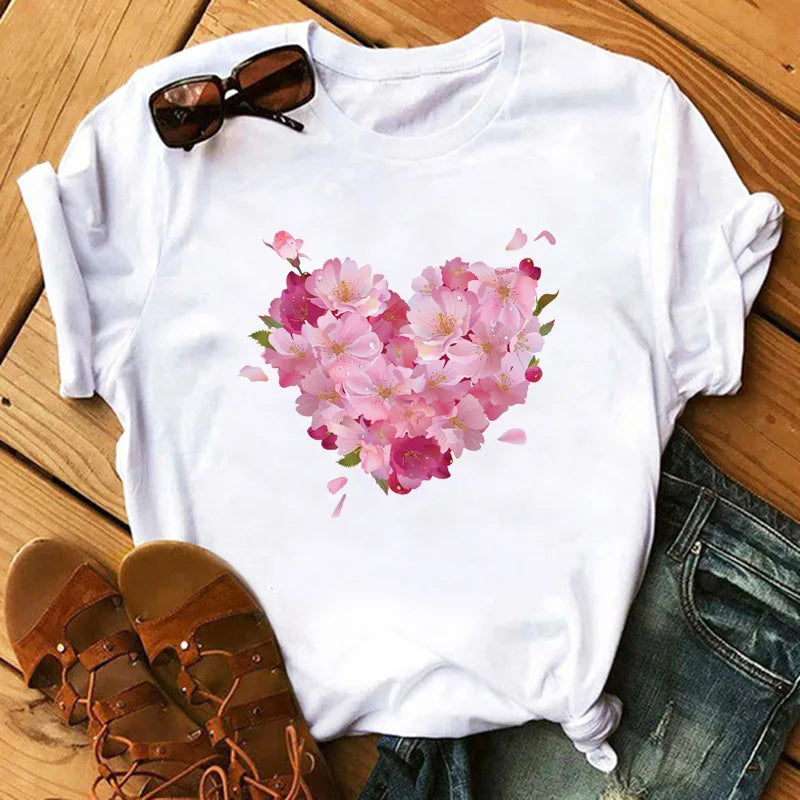 Love Flower Half Sleeve Cartoon White Letter T-shirt Women Wholesale Round Neck T-shirt Women Oversized T Shirt