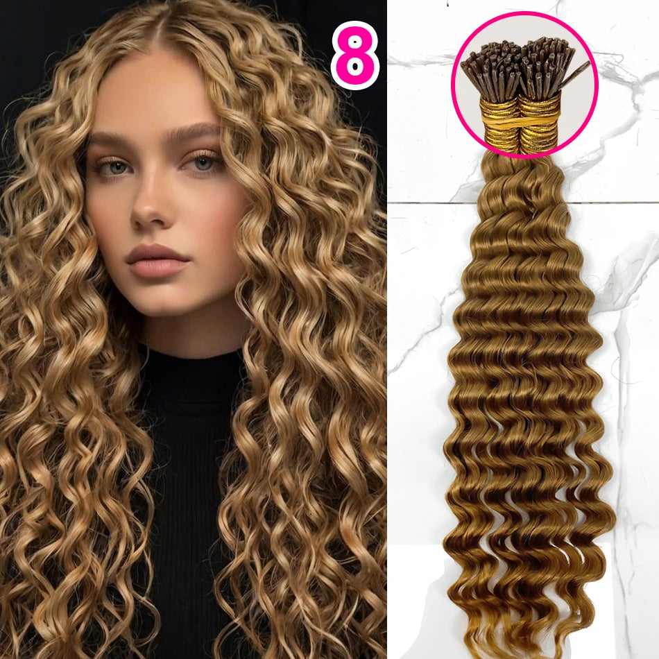 Deep Wave I Tip Hair Extensions 100%Human Hair Extensions Curly I Tip Double Drawn Bundles Microlink  Full Thick Ends Extensions