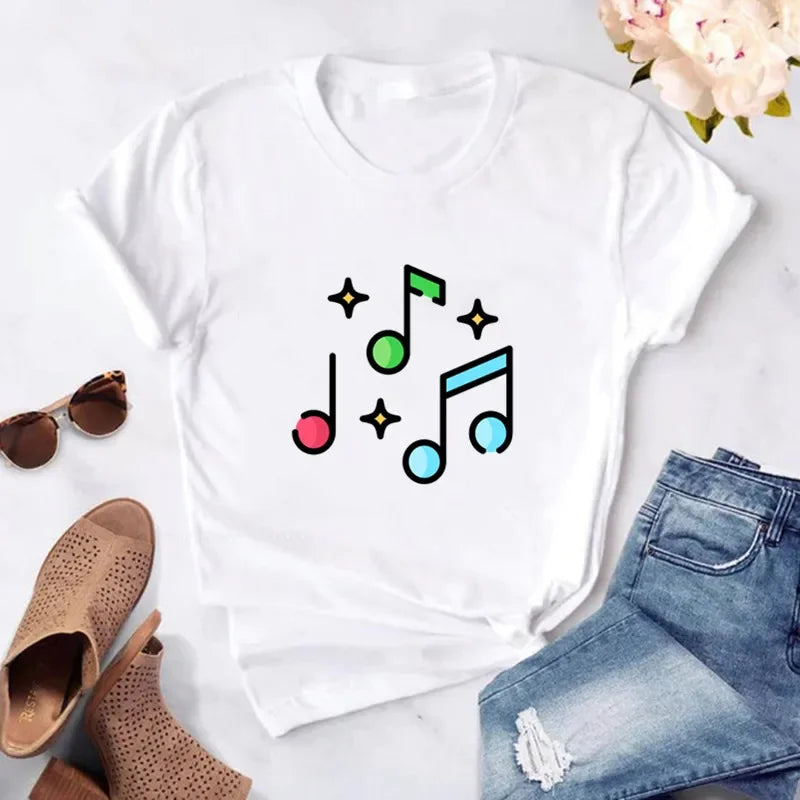 New Women T Shirt Music Note Printed Tshirt Female Summer Casual Short Sleeve O-neck T-shirt Tops Tops for Women Tops