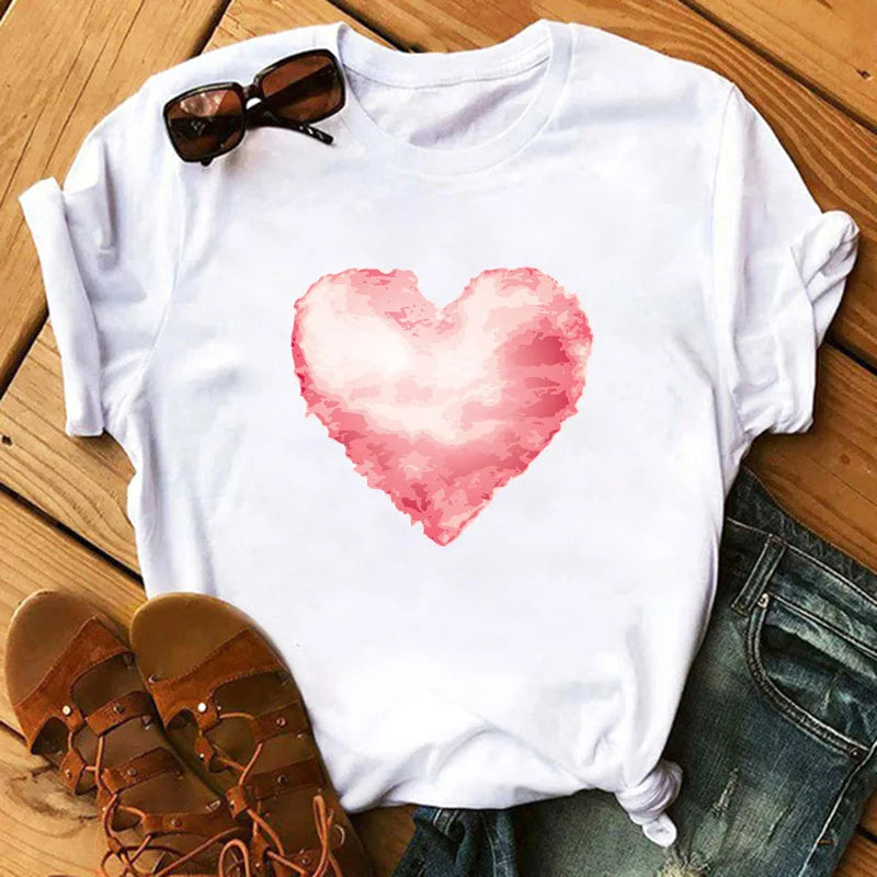 Love Flower Half Sleeve Cartoon White Letter T-shirt Women Wholesale Round Neck T-shirt Women Oversized T Shirt