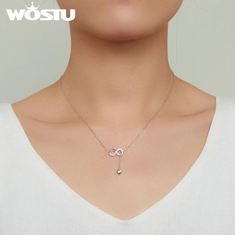 WOSTU Authentic 925 Sterling Silver Infinity Love Heart Pendant Necklace For Women Silver Jewelry Lover Romantic Gift CQN223