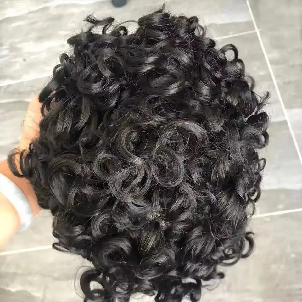 26mm Curly Black Men's  Human Hair Wigs Super Durable Soft Top Quality Breathable Comfort Natural Hair System Prosthesis for Men