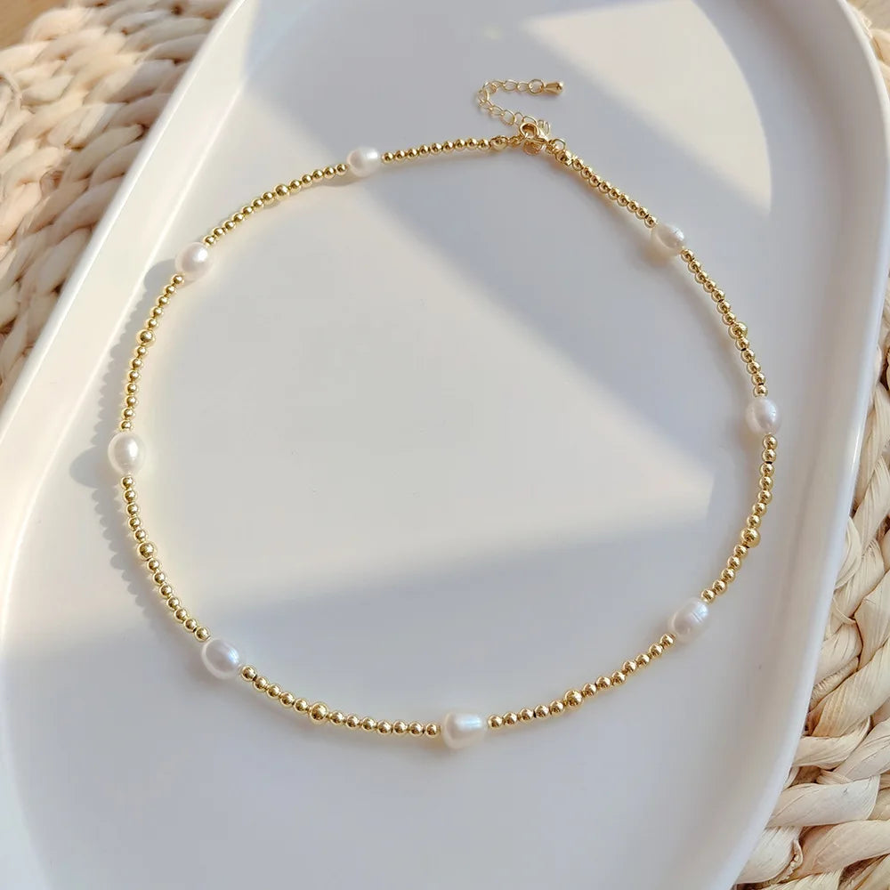 KKBEAD Gold Plated Beaded Necklace Jewelry Natural Freshwater Pearls Choker for Women Necklaces