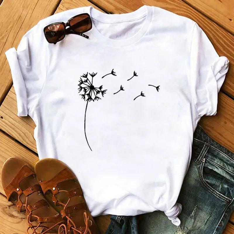 Love Flower Half Sleeve Cartoon White Letter T-shirt Women Wholesale Round Neck T-shirt Women Oversized T Shirt