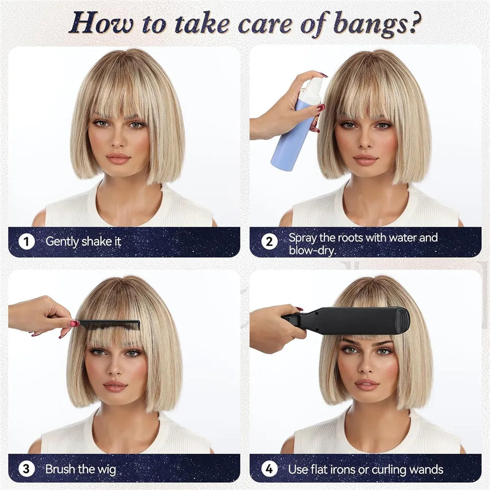 Real Human Hair Wigs for Women Short Blonde Bob Wig 100% Natural Human Hair with Bangs for Daily Party Wear Soft Hair
