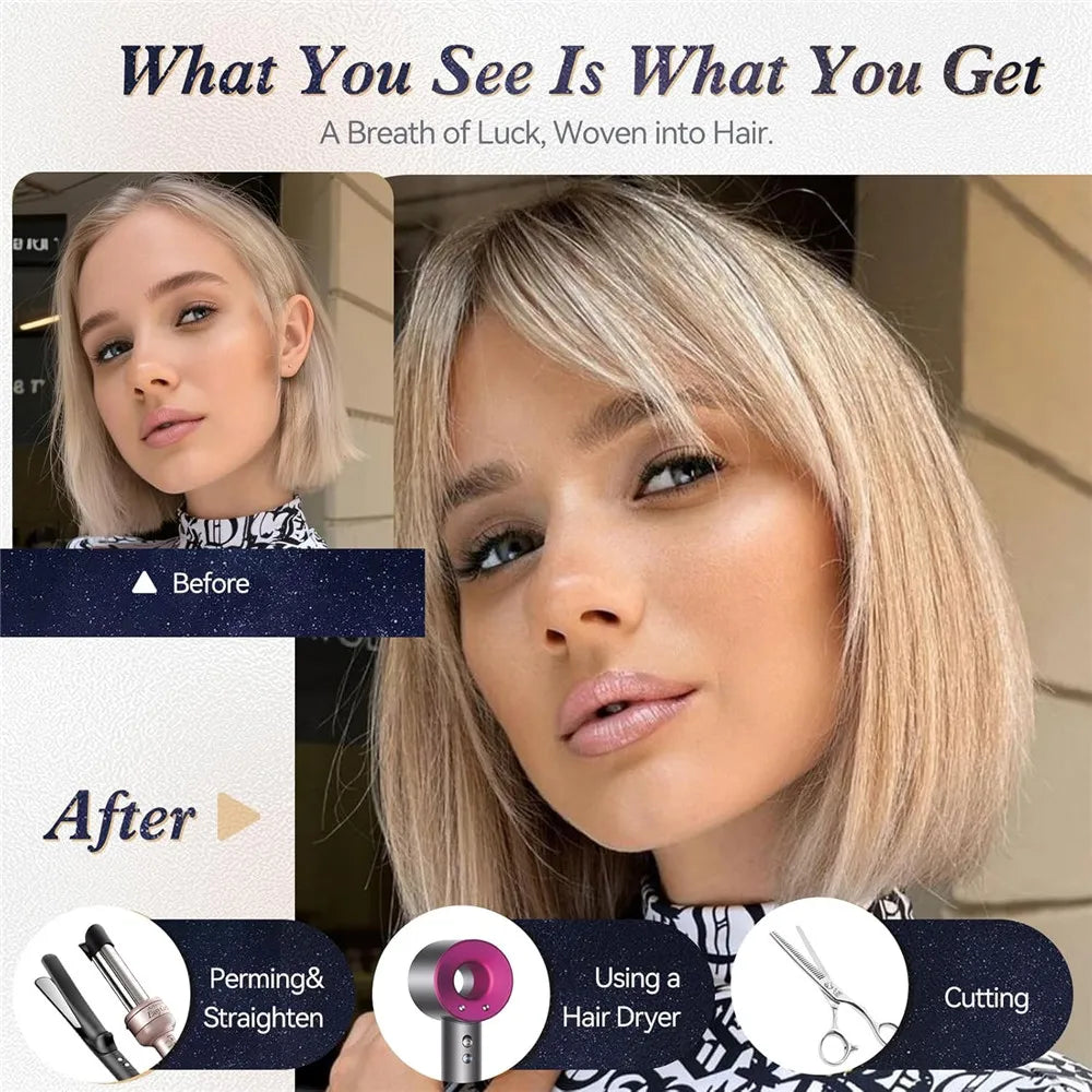 Real Human Hair Wigs for Women Short Blonde Bob Wig 100% Natural Human Hair with Bangs for Daily Party Wear Soft Hair