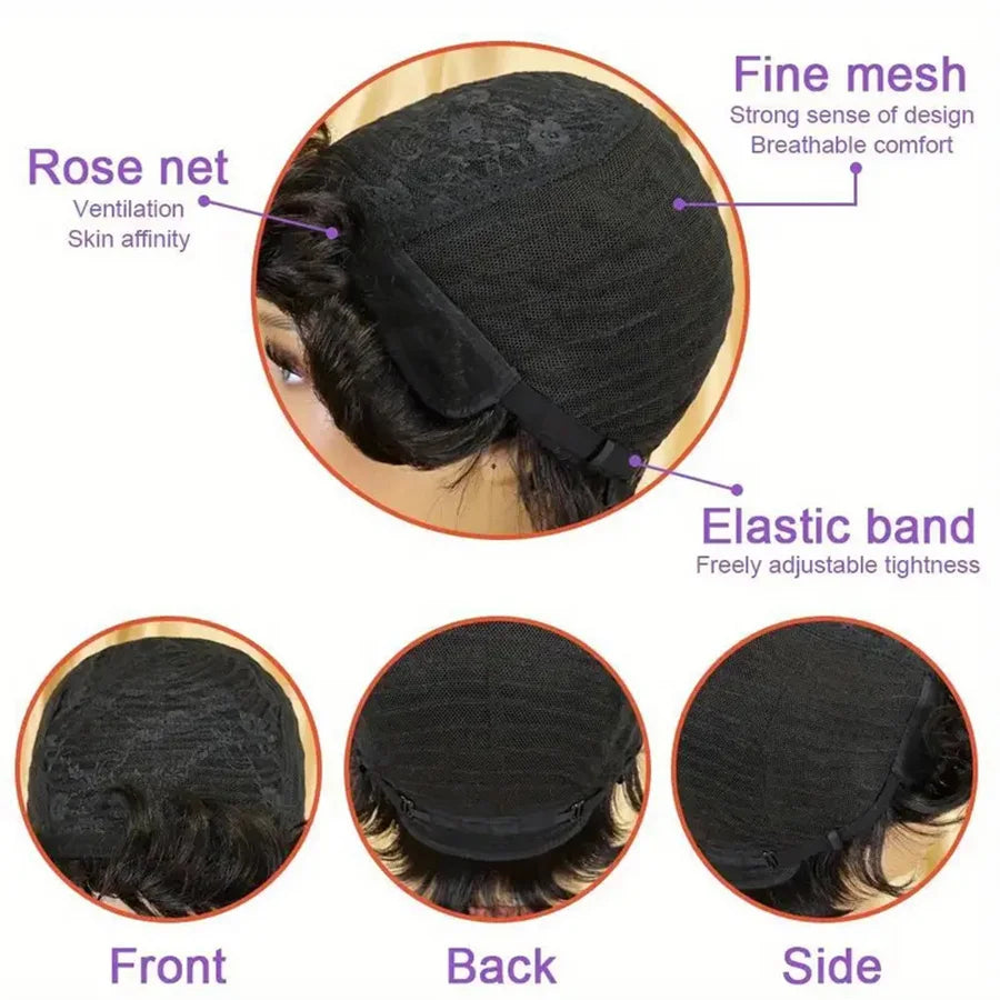 Human Hair Short kinky straight Pixie Cut Wigs for Women, full machine made Natural Black Short Bob Wig with Bangs