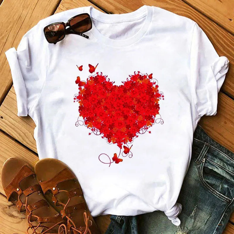 Love Flower Half Sleeve Cartoon White Letter T-shirt Women Wholesale Round Neck T-shirt Women Oversized T Shirt