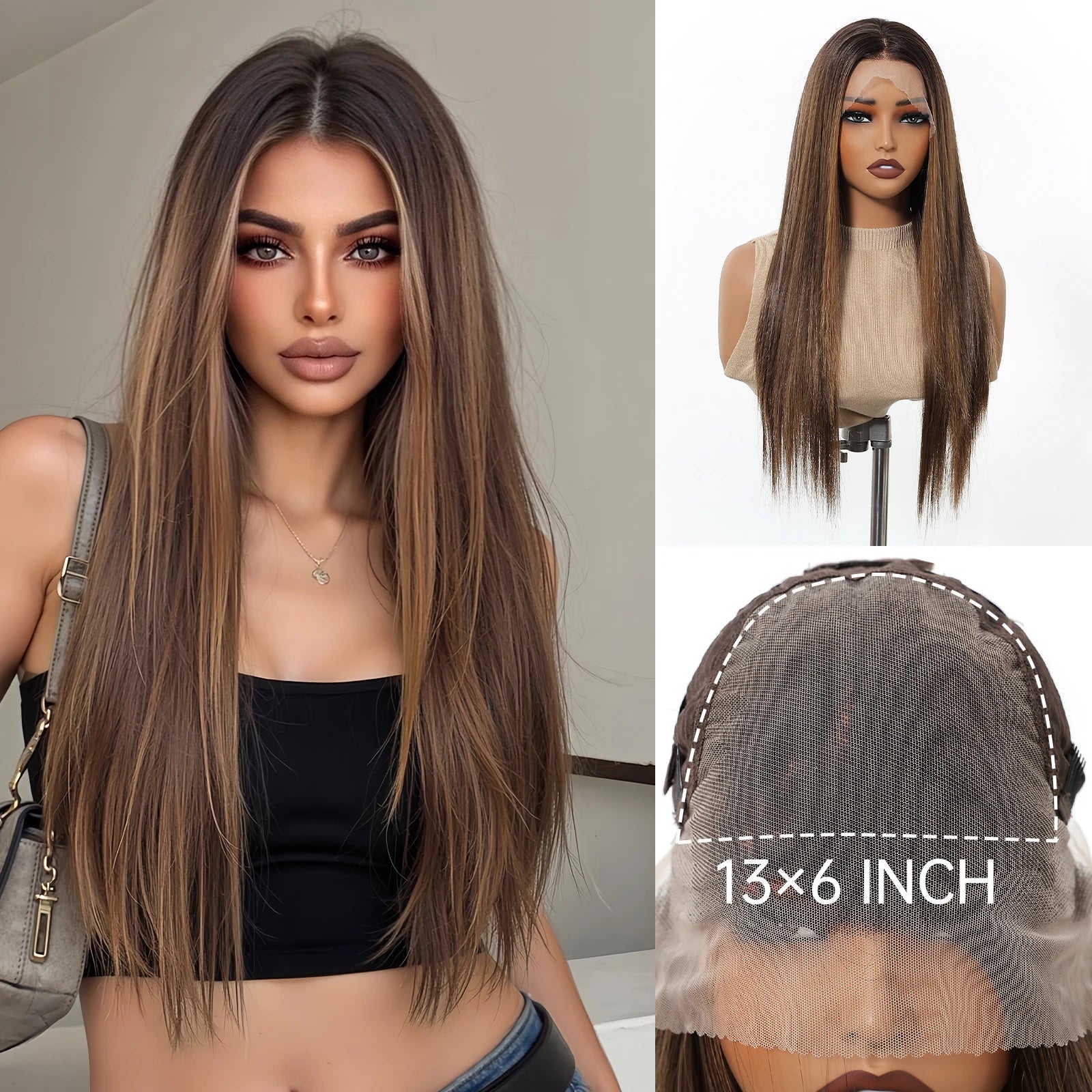 Topshe 30 Inch 13x6 HD Lace Front Wig Realistic Hand-Tied Pre-Plucked Hairline Long Straight Highlight Hair Wigs for Women