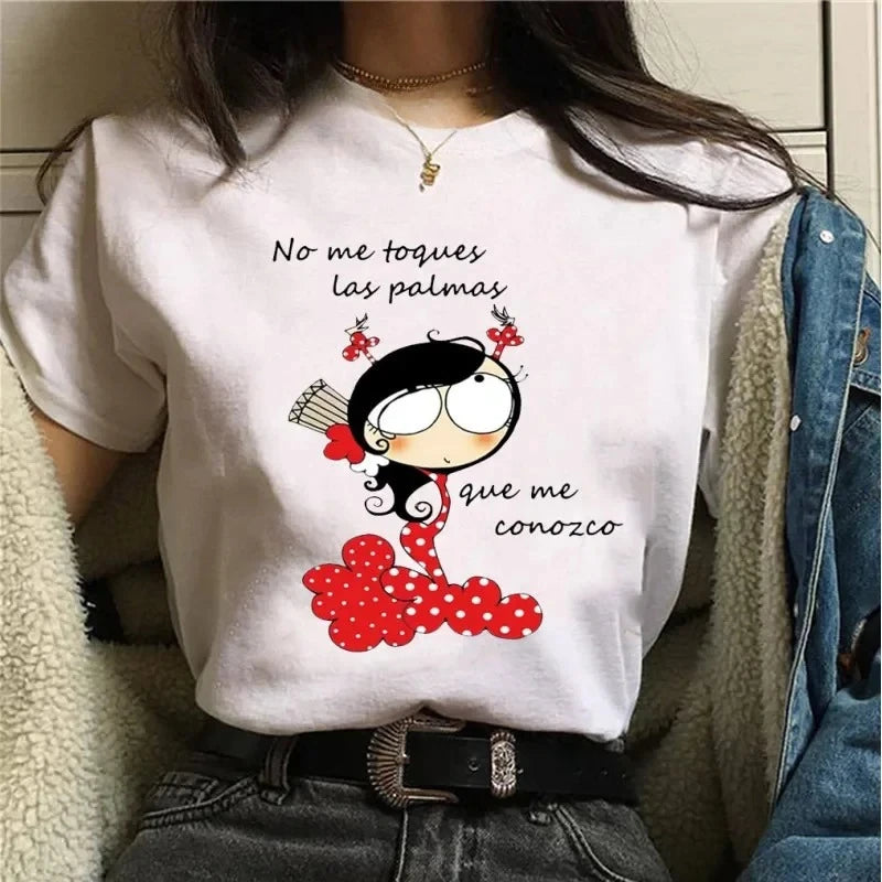 Women T-shirts Harajuku Tops Shirts Short Sleeve High Heel Print Flamengo Dance Tees Cartoon Graphic Female O-neck Shirt Clothes