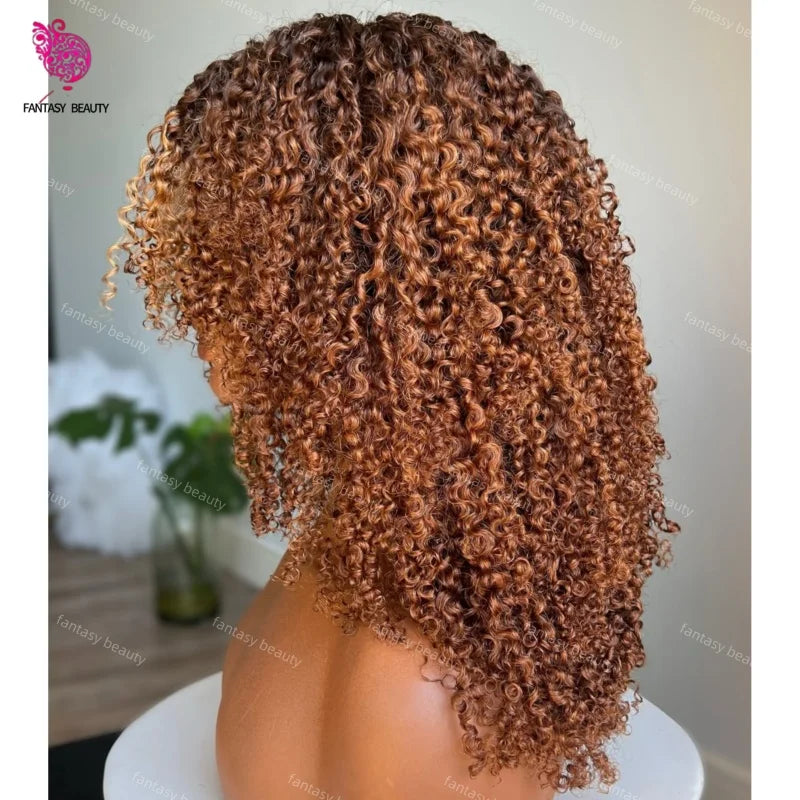 360 Brown Colored Kinky Curly Human Hair Wig Bleached Knots 1x4 middle V Part Open Glueless Easy Wear Curly Wigs For Black Women
