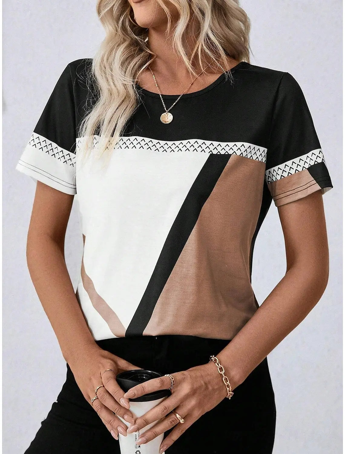 Women's T Shirt Graphic Casual Short Sleeve Round Neck Regular Tops Daily Patchwork Print Red Blue Khaki Summer