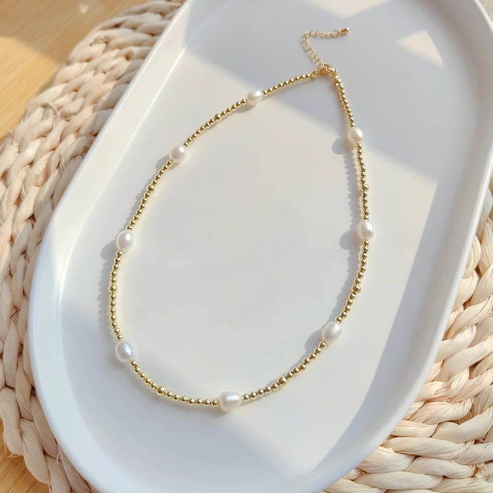 KKBEAD Gold Plated Beaded Necklace Jewelry Natural Freshwater Pearls Choker for Women Necklaces