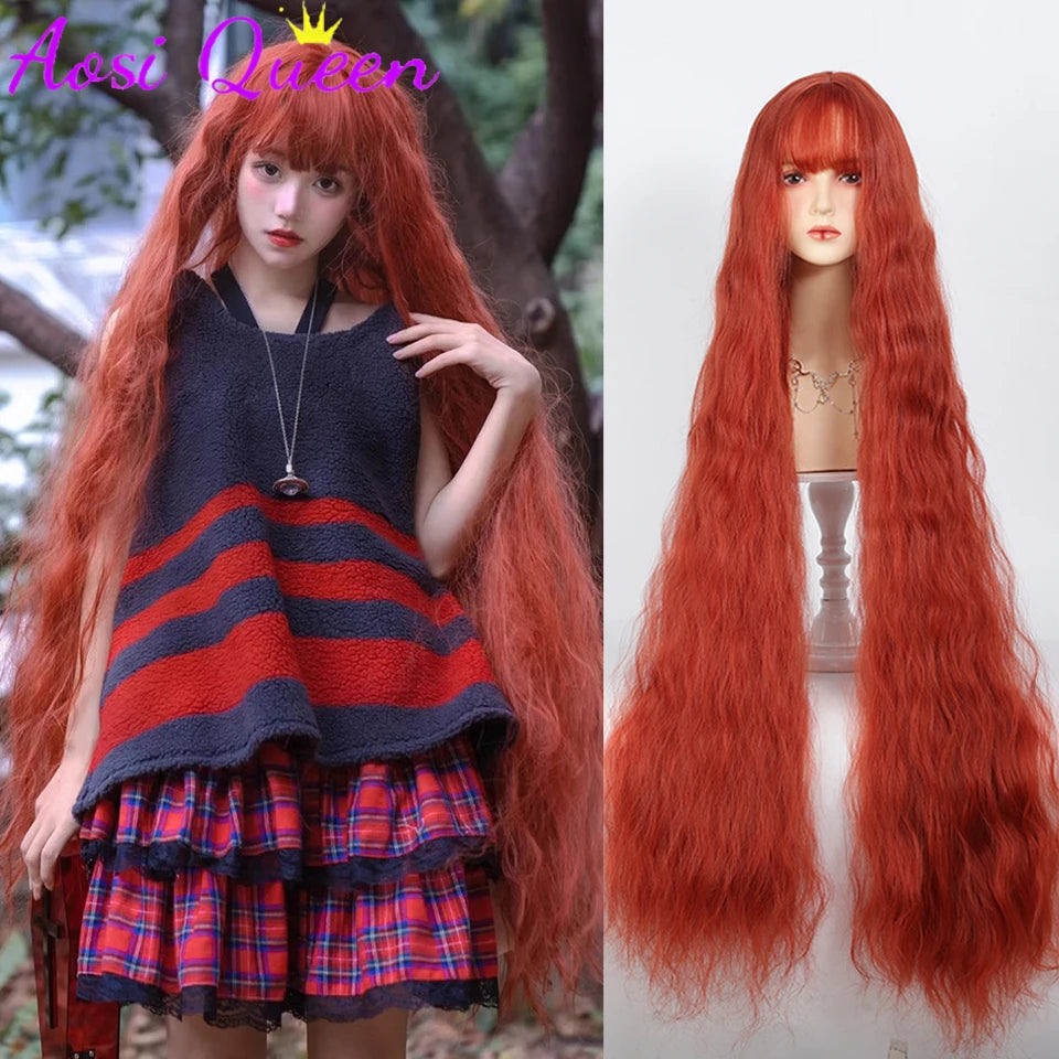 110cm Long Wavy Hair Synthetic Wigs Female Red Brown Coaplay Lolita Wig With Bangs Natural Hair Wigs Women Heat Fesistant Fiber