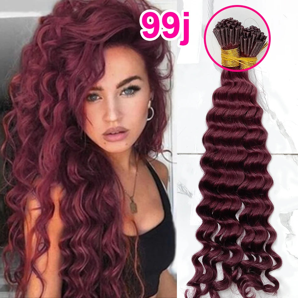 Deep Wave I Tip Hair Extensions 100%Human Hair Extensions Curly I Tip Double Drawn Bundles Microlink  Full Thick Ends Extensions