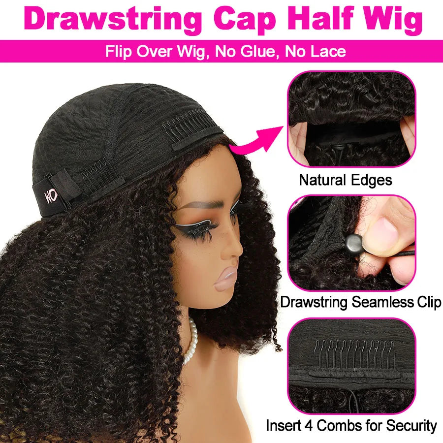 Kinky Curly Half Wig Human Hair Wear&Go Glueless Wigs Curly 3 In 1 Flip Over Wigs With Drawstring Headband Wig Beginner Friendly