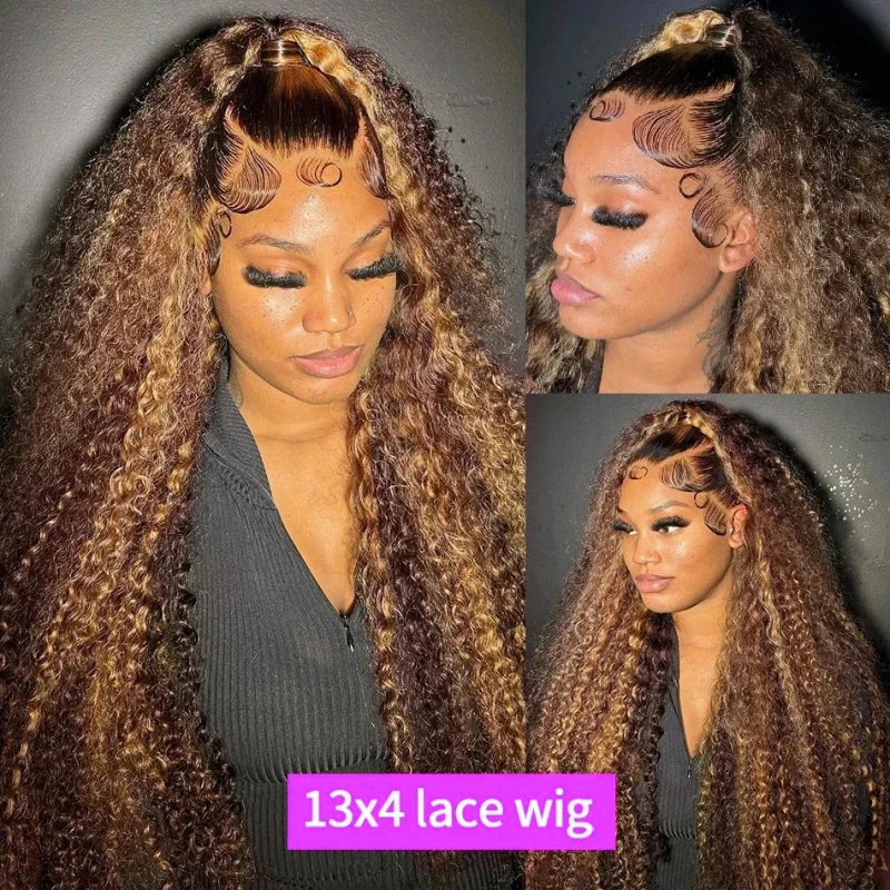 Highlight Curly Wig 13x4 Lace Front Wig Human Hair Wigs 13x4 Human Hair Deep Wave Lace Frontal Wig 4/27 Colored Wigs PrePlucked