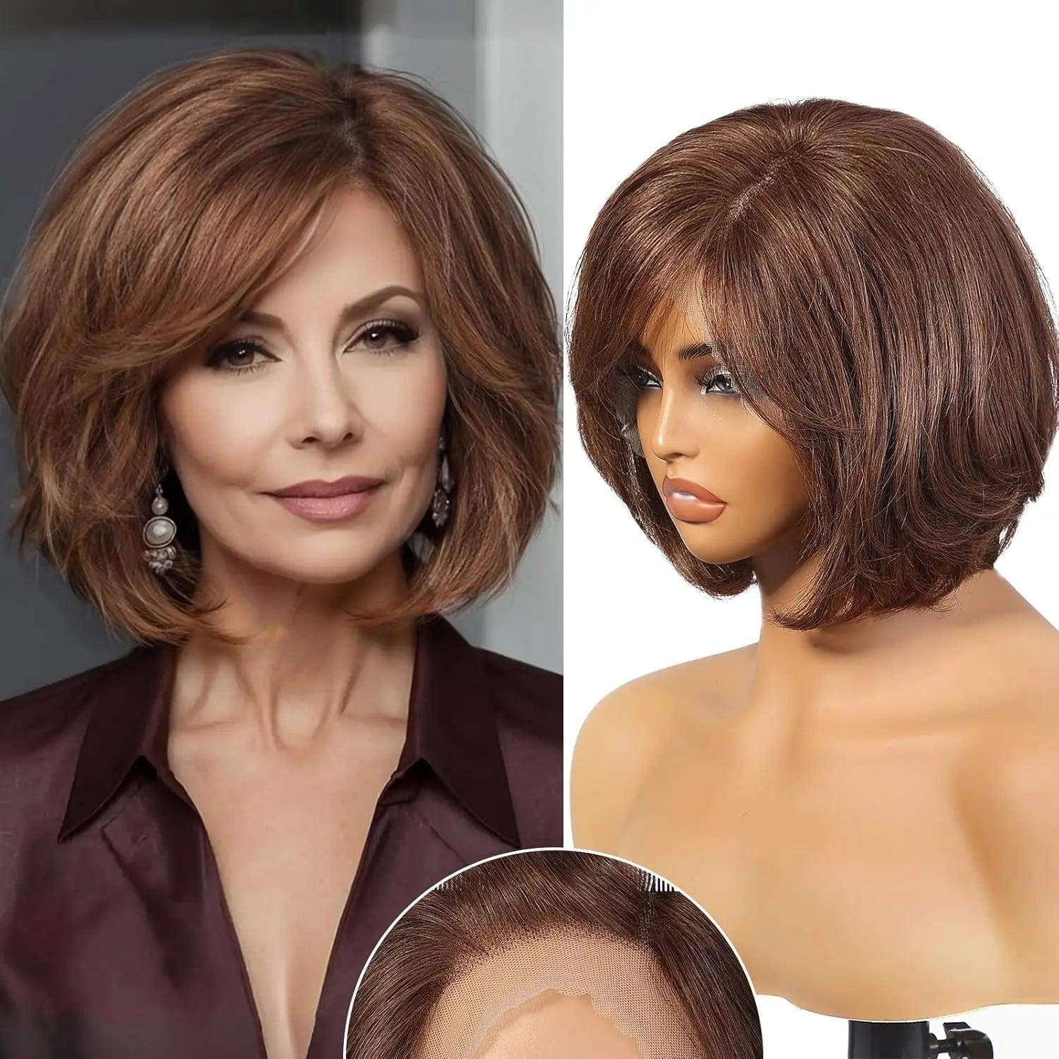 Short Layered Wavy Bob Wig with Bangs for Women Blonde Highlights Human Hair 12 Inches HD Lace Front Wigs With Dark Roots