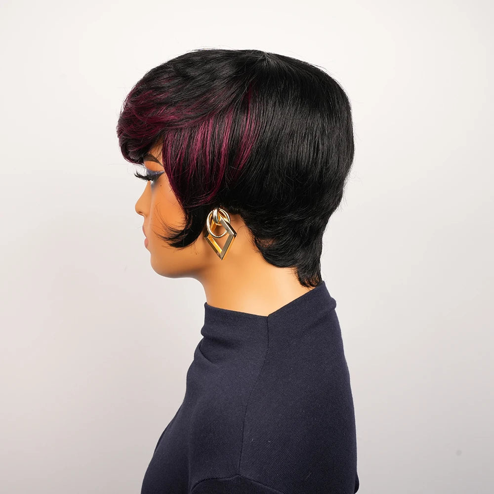 Short Human Hair Wigs 6 In Pixie Cut Wigs Human Hair Glueless Wig Layered Hd Lace Wigs Red Highlights Ready To Wear Burgundy Wig