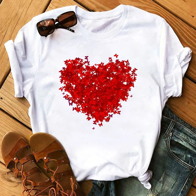 Love Flower Half Sleeve Cartoon White Letter T-shirt Women Wholesale Round Neck T-shirt Women Oversized T Shirt