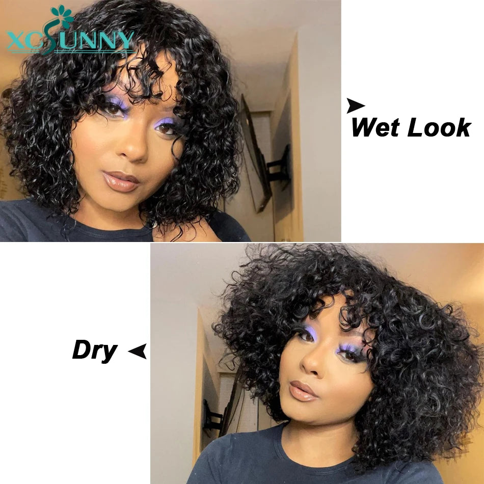 Short Curly Human Hair Wigs With Bangs Loose Curly Bob Bang Wig Human Hair Brazilian Machine Made Scalp Top Wig xcsunny