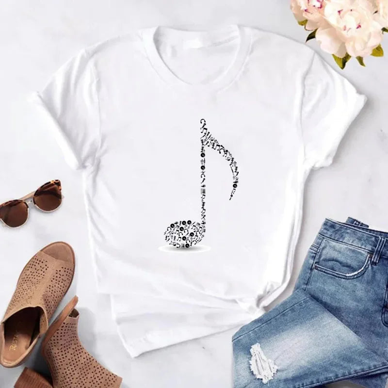 New Women T Shirt Music Note Printed Tshirt Female Summer Casual Short Sleeve O-neck T-shirt Tops Tops for Women Tops