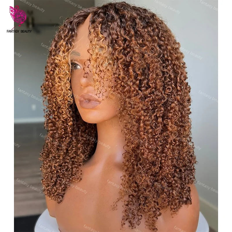 360 Brown Colored Kinky Curly Human Hair Wig Bleached Knots 1x4 middle V Part Open Glueless Easy Wear Curly Wigs For Black Women