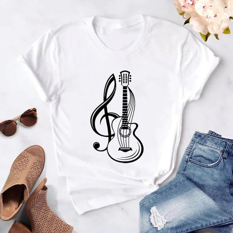 New Women T Shirt Music Note Printed Tshirt Female Summer Casual Short Sleeve O-neck T-shirt Tops Tops for Women Tops