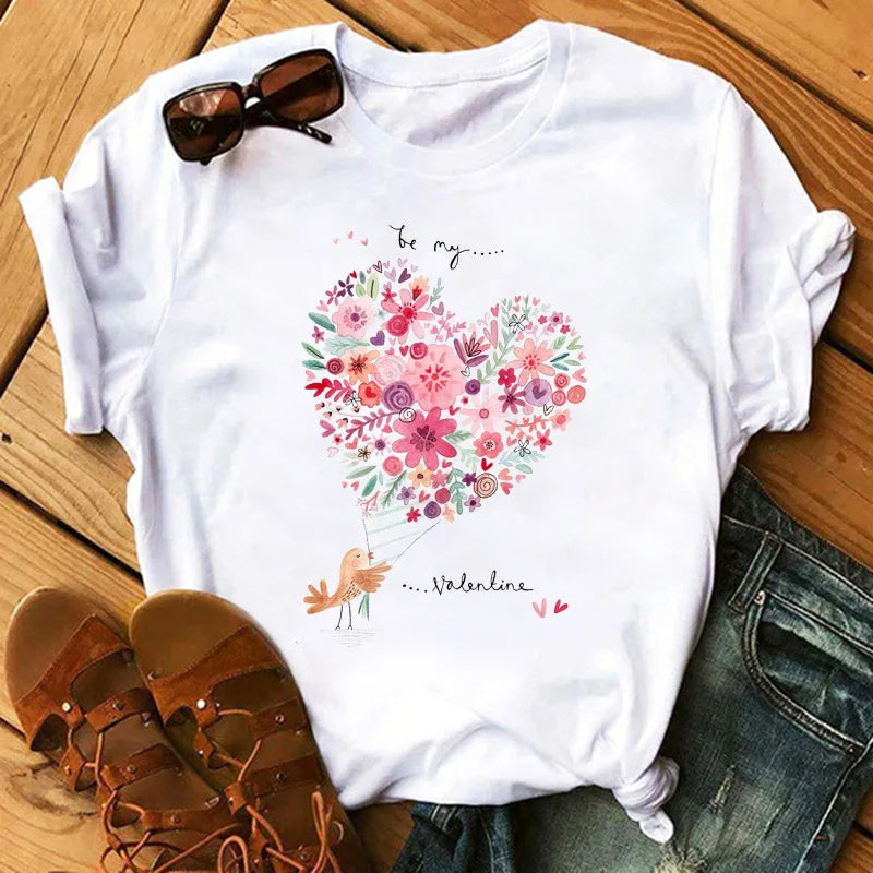 Love Flower Half Sleeve Cartoon White Letter T-shirt Women Wholesale Round Neck T-shirt Women Oversized T Shirt