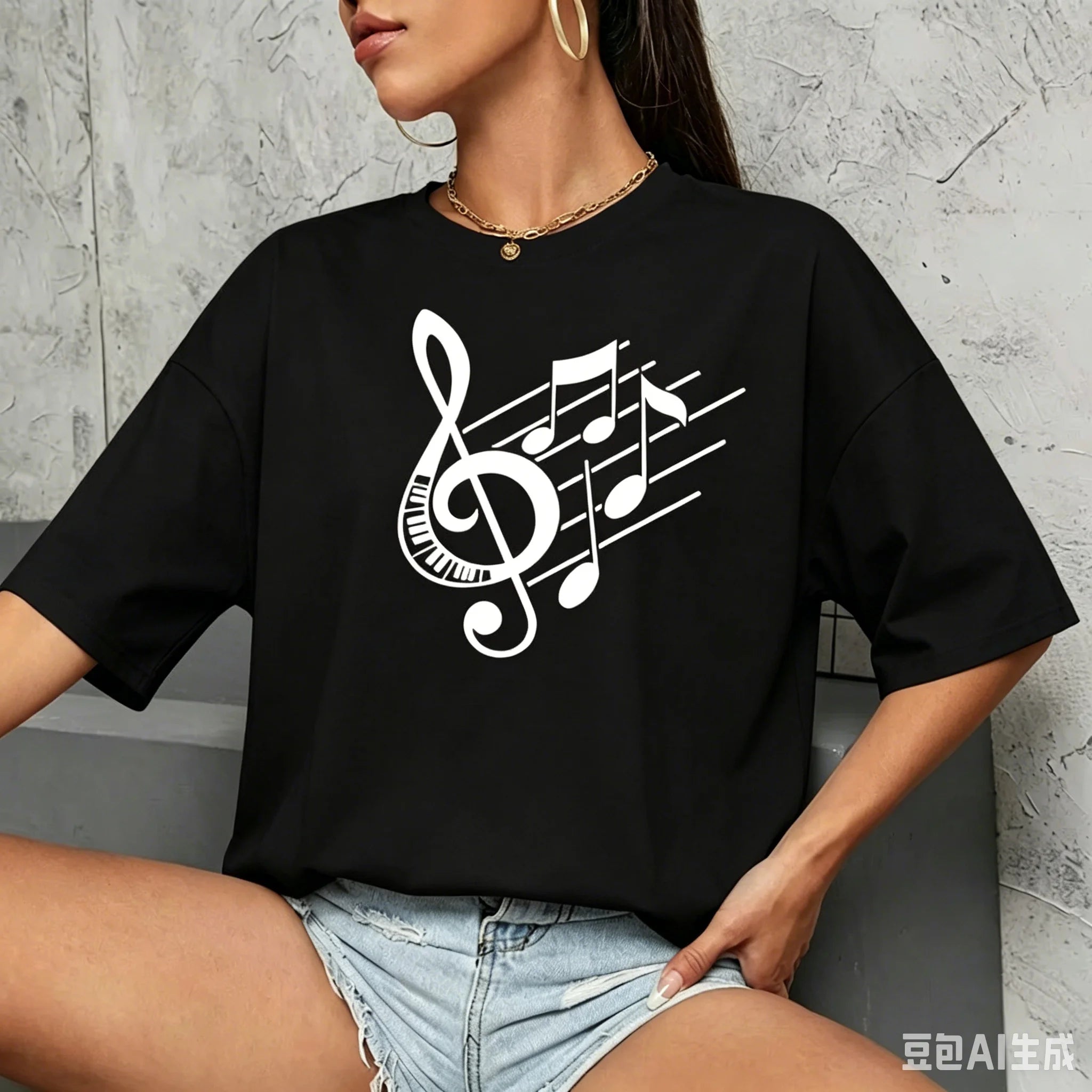 New Women T Shirt Music Note Printed Tshirt Female Summer Casual Short Sleeve O-neck T-shirt Tops Tops for Women Tops