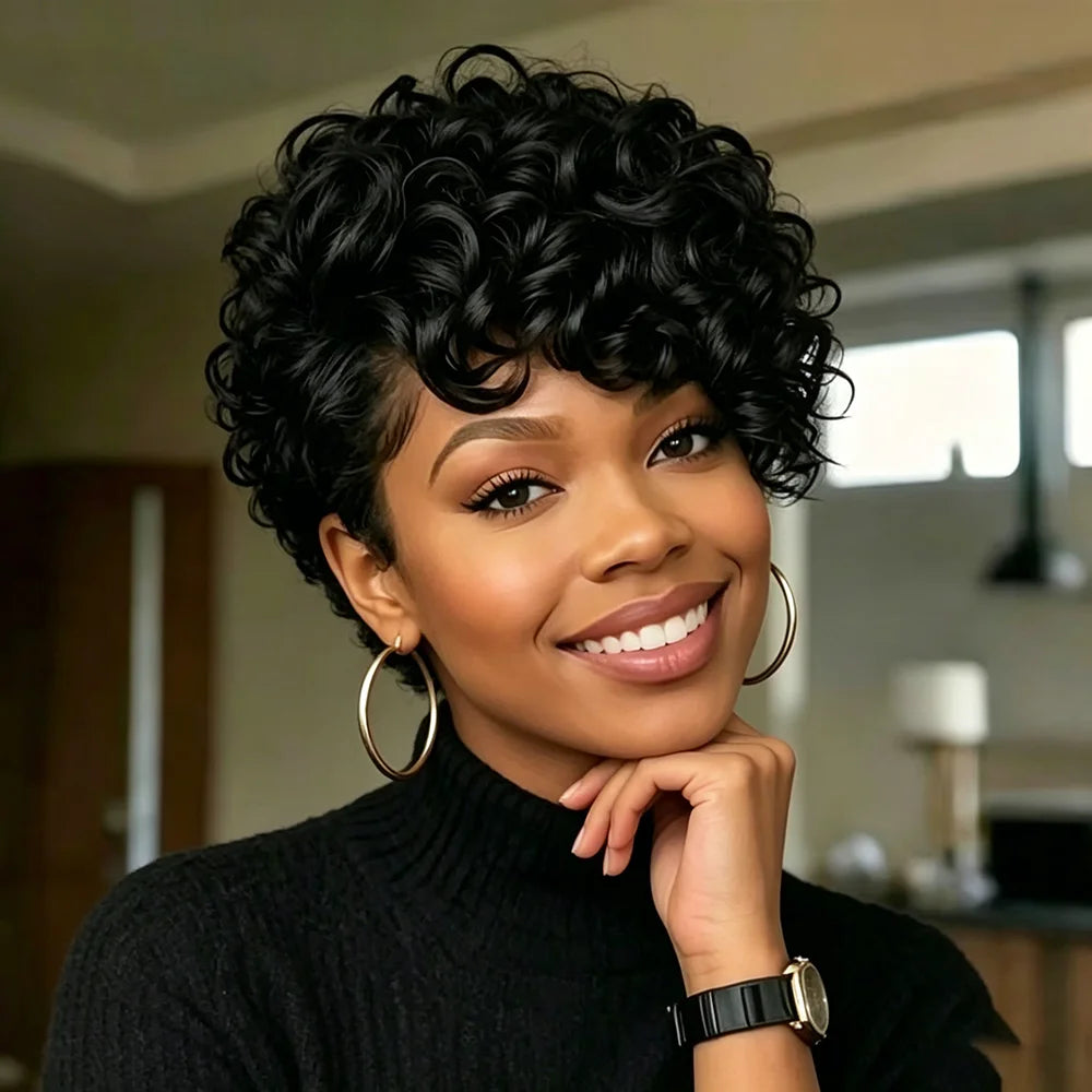 Short Curly Natural Color Pixie Cut Wig Human Hair Layered Short Loose Curly With Bangs Brazilian Hair Full Machine Made Wig