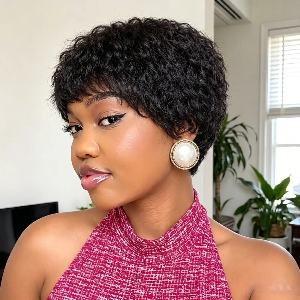 Human Hair Short kinky straight Pixie Cut Wigs for Women, full machine made Natural Black Short Bob Wig with Bangs