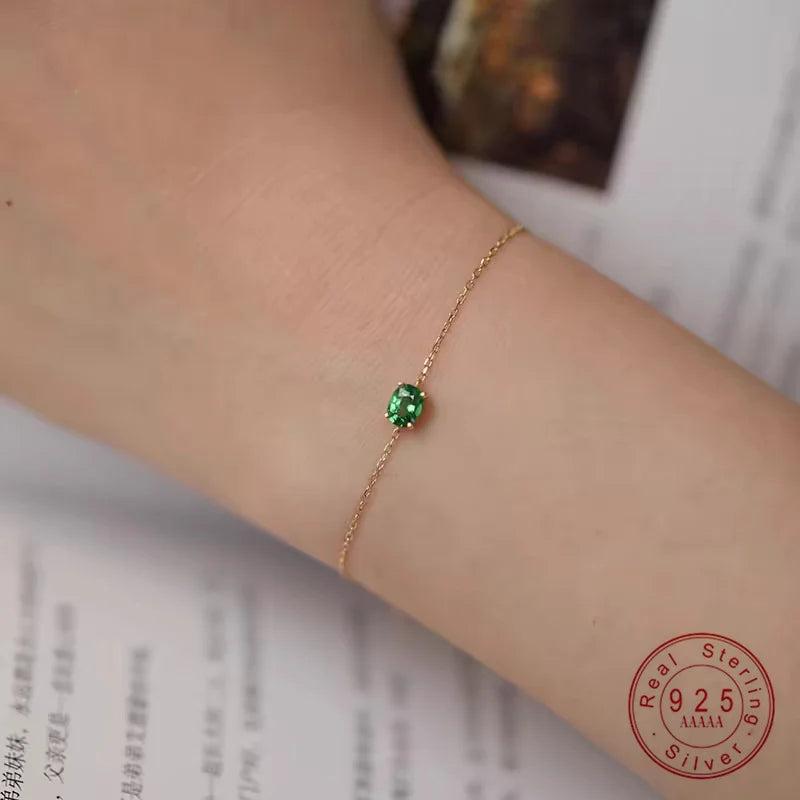 Genuine 100% 925 Sterling Silver Simple Luxurious Geometric Green Zircon Bracelet & Bangles for Women Silver Jewelry