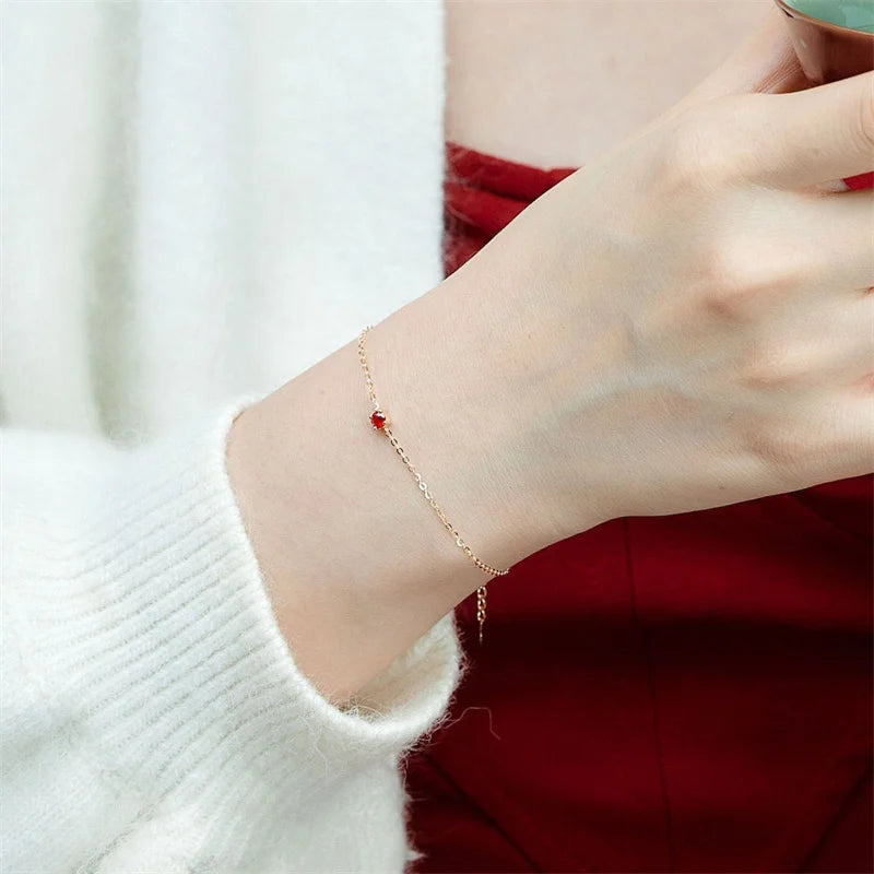 Genuine 100% 925 Sterling Silver Simple Luxurious Geometric Red Zircon Bracelet & Bangles for Women Silver Jewelry