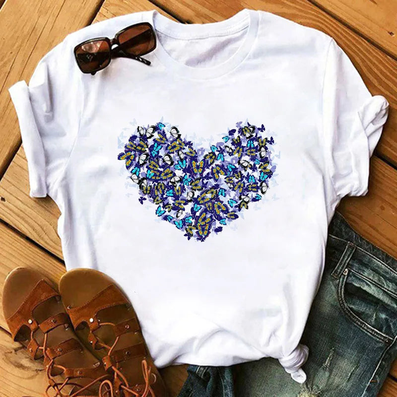 Love Flower Half Sleeve Cartoon White Letter T-shirt Women Wholesale Round Neck T-shirt Women Oversized T Shirt