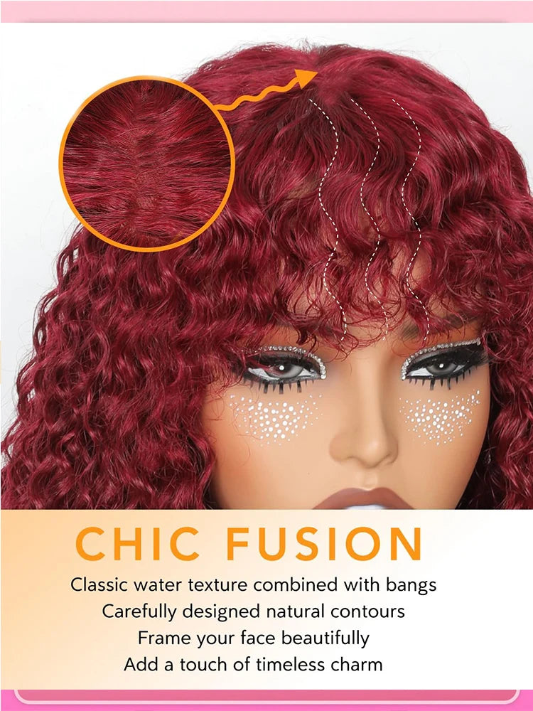 99J Burgundy Curly Wig with Bangs Human Hair  Water Wave Mechanism Color Wigs Red wig with Bangs Colored Brazilian Human Hair