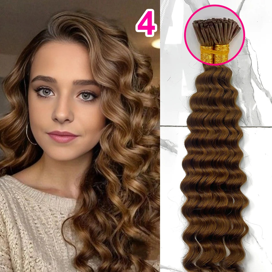 Deep Wave I Tip Hair Extensions 100%Human Hair Extensions Curly I Tip Double Drawn Bundles Microlink  Full Thick Ends Extensions