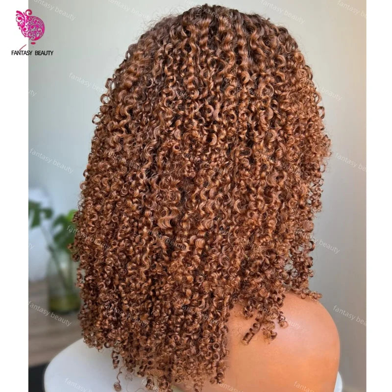 360 Brown Colored Kinky Curly Human Hair Wig Bleached Knots 1x4 middle V Part Open Glueless Easy Wear Curly Wigs For Black Women