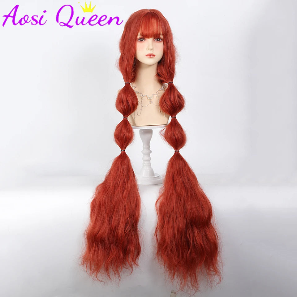110cm Long Wavy Hair Synthetic Wigs Female Red Brown Coaplay Lolita Wig With Bangs Natural Hair Wigs Women Heat Fesistant Fiber