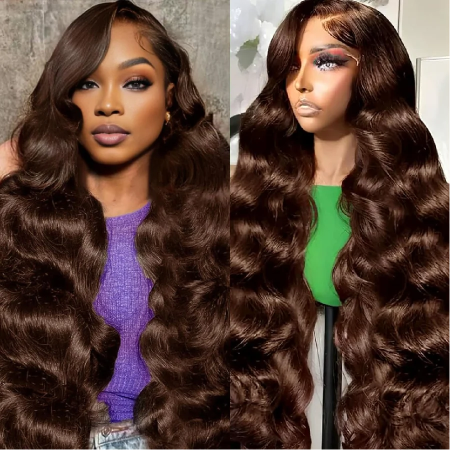 3B 3C Chocolate Brown Body Wave Wigs 200 Density Frontal Human Hair Wigs For Women