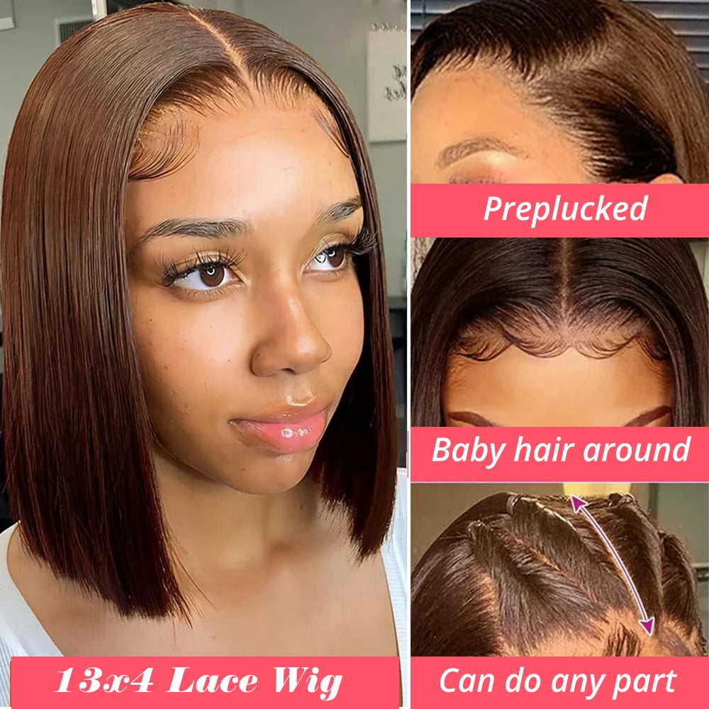 13x4 Lace Front Wig Bob Human Hair Brown Straight 180% Full Density Transparent Lace Frontal Wigs Bob Hair Lace Front Wig