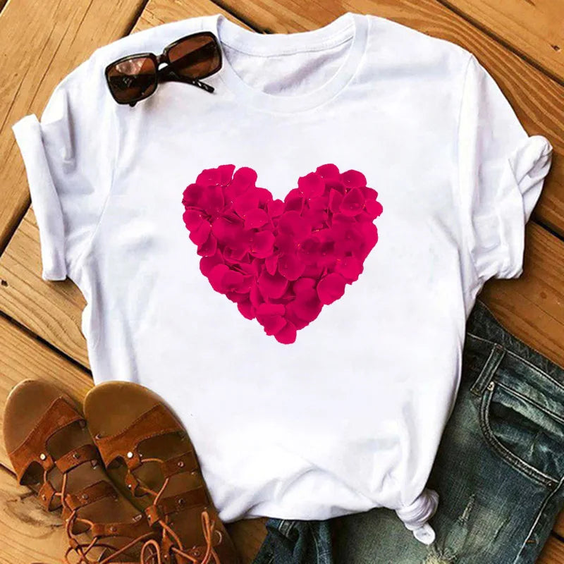 Love Flower Half Sleeve Cartoon White Letter T-shirt Women Wholesale Round Neck T-shirt Women Oversized T Shirt
