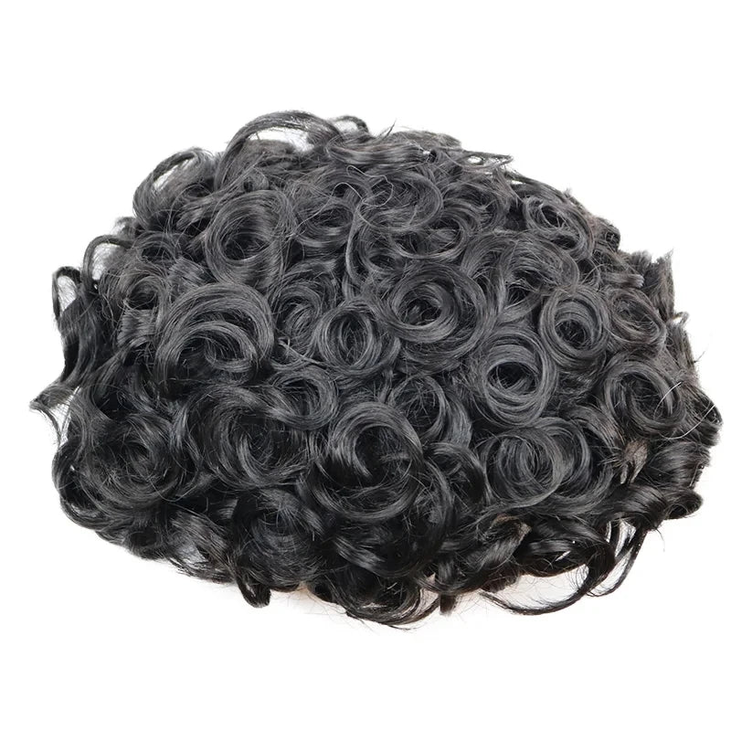 26mm Curly Black Men's  Human Hair Wigs Super Durable Soft Top Quality Breathable Comfort Natural Hair System Prosthesis for Men
