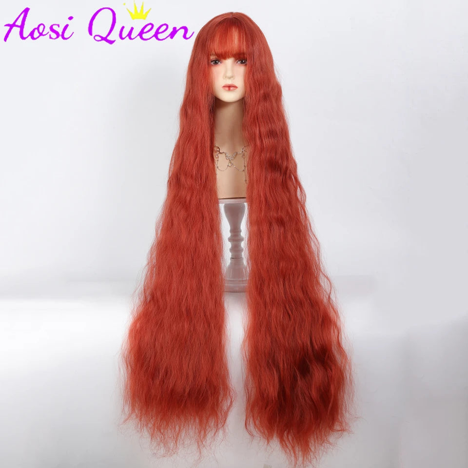 110cm Long Wavy Hair Synthetic Wigs Female Red Brown Coaplay Lolita Wig With Bangs Natural Hair Wigs Women Heat Fesistant Fiber